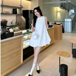 Váy sát nách nữ dáng ngắn quả bí buộc nơ sau